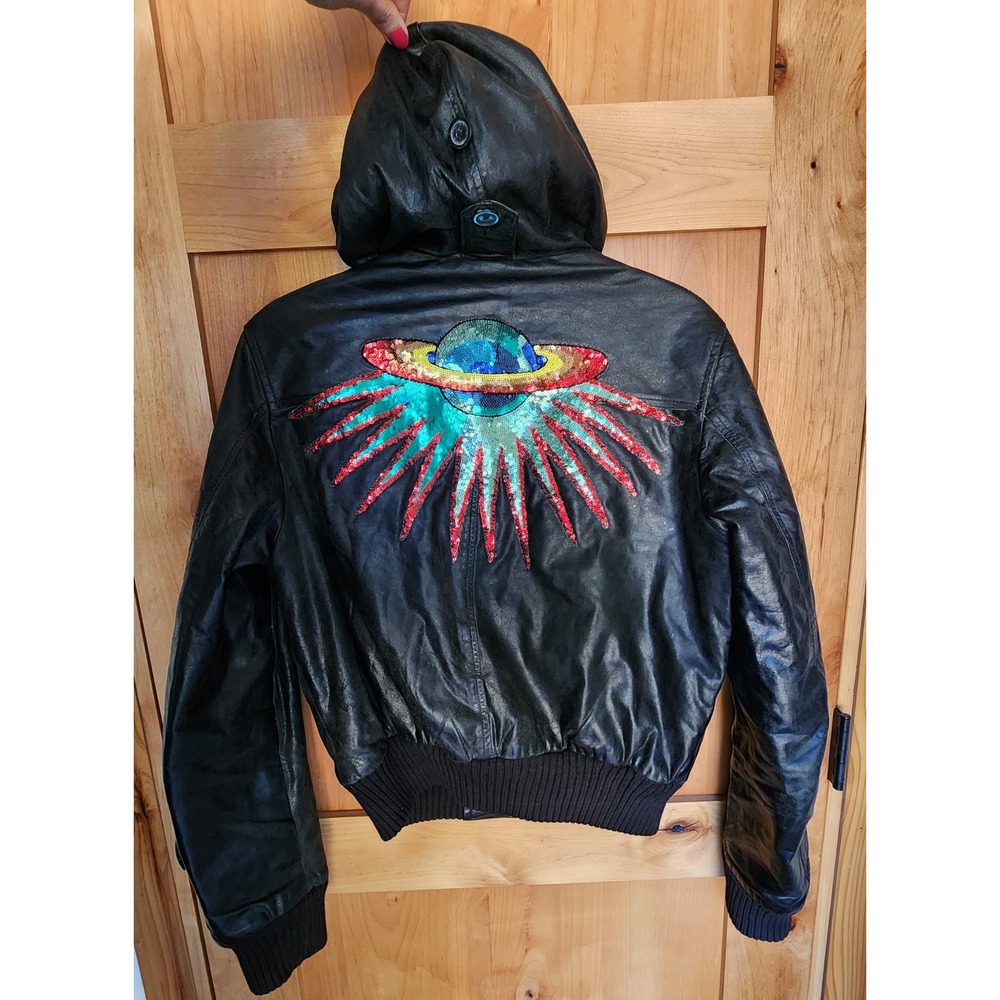 Full Circle Y2K Small Black Leather Hooded Sequin Planet Bomber Jacket Biker